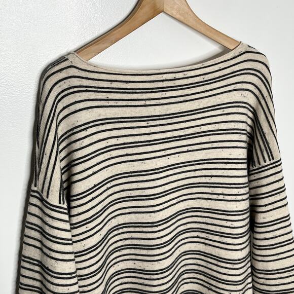 Eileen Fisher Womens Cotton Wool Pullover Sweater Large Beige Black Stripe Boxy - Picture 6 of 8
